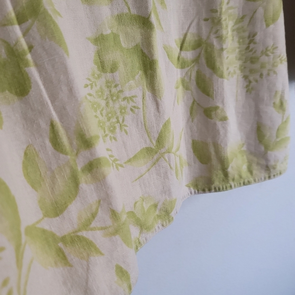 VTG A.M.I. Green Floral Tan Button Up V-Neck Shirt Lagenlook Linen Cotton Large - Picture 10 of 10